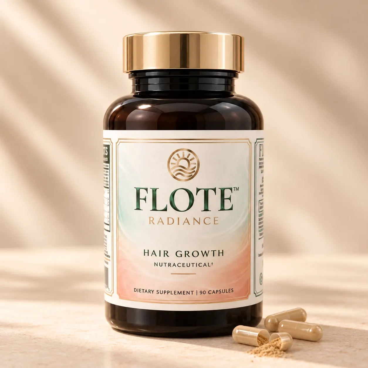 FLOTE Radiance Oral Blend bottle with a few capsules in warm morning light